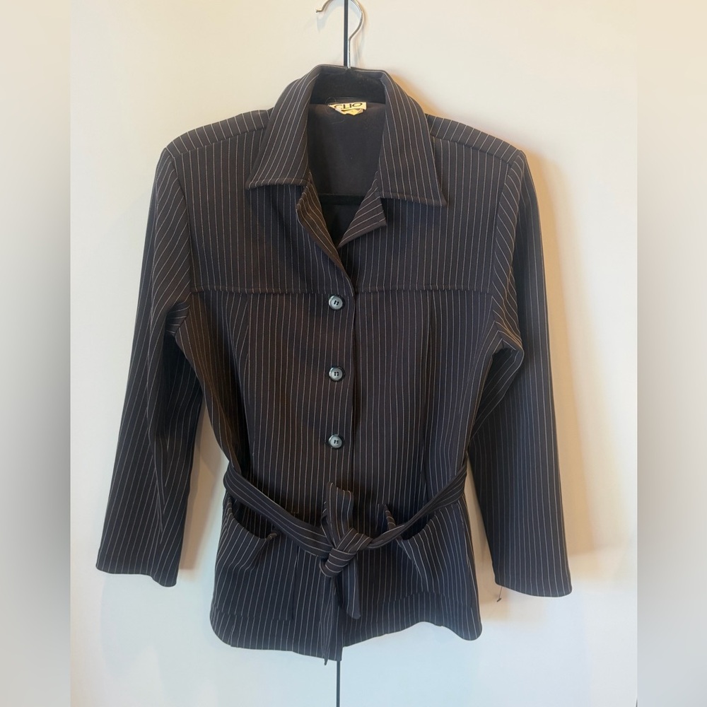 Clio Pinstripe Button-Front Belted Jacket - Black with White Pinstripes Sz SML